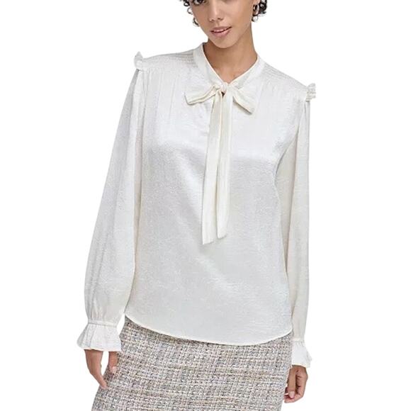 Calvin Klein Smock Textured Tie-Neck Ruffled Cream Long Sleeve Blouse XL NWT - Picture 1 of 16